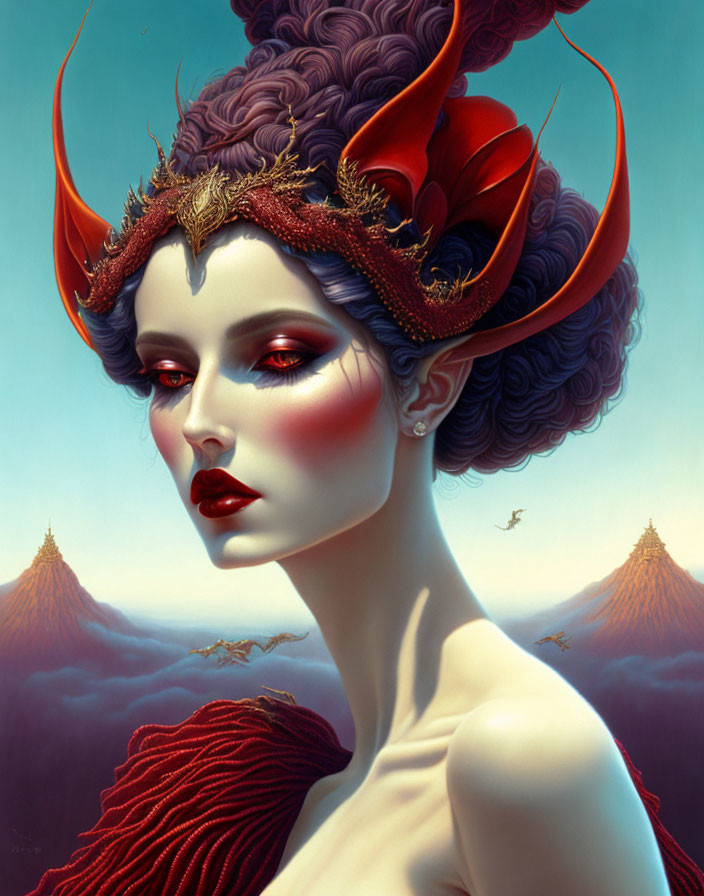 Fantasy portrait of woman with red and gold horns, purple hair, dramatic makeup, volcanoes &