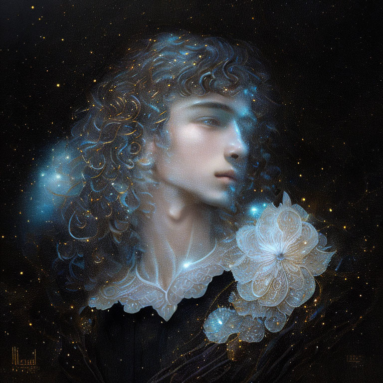 Digital artwork featuring person with curly hair, starry effects, luminescent flower, lace details.