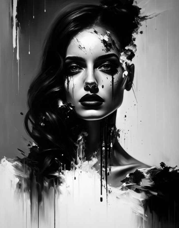 Monochromatic portrait of a woman with flowing hair and abstract black paint smears