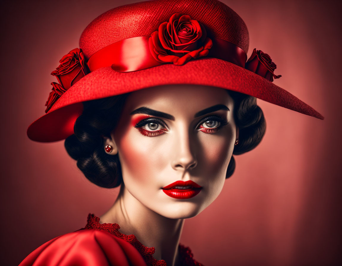 Vintage Woman in Red Hat with Roses and Glamorous Makeup on Rose Background