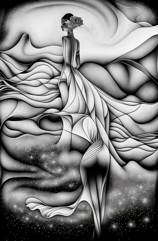 Monochrome woman illustration with abstract wavy patterns on starry backdrop