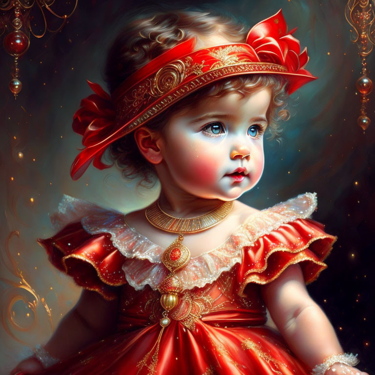 Portrait of a Young Child in Red Dress with Blue Eyes