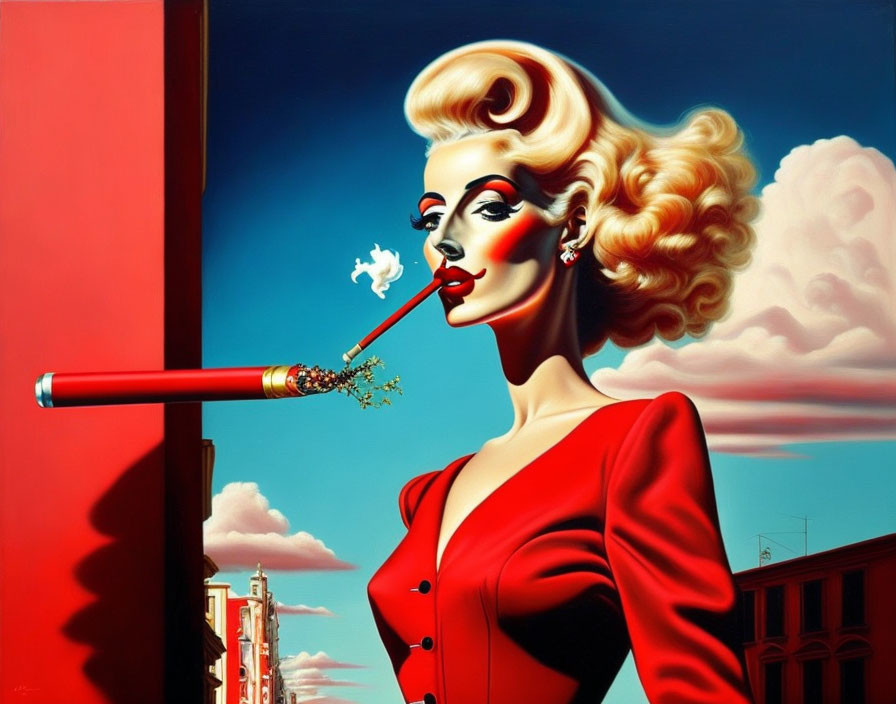 Hyperrealistic Painting: Blonde Woman in Red Suit Smoking Cigarette in Urban Setting