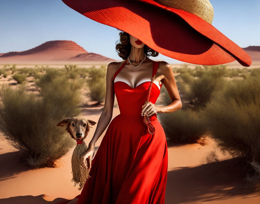 Stylish woman in red dress with greyhound in desert landscape