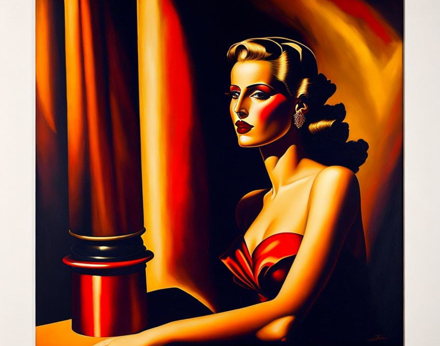 Stylized vintage woman painting with bold red and yellow tones