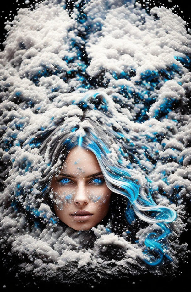 Person with Blue Eyes and Hair Streaks in Snowfall