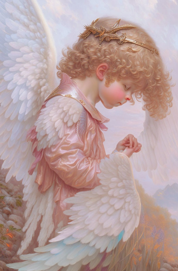 Angel with white wings, pink robe, and golden circlet holding light.