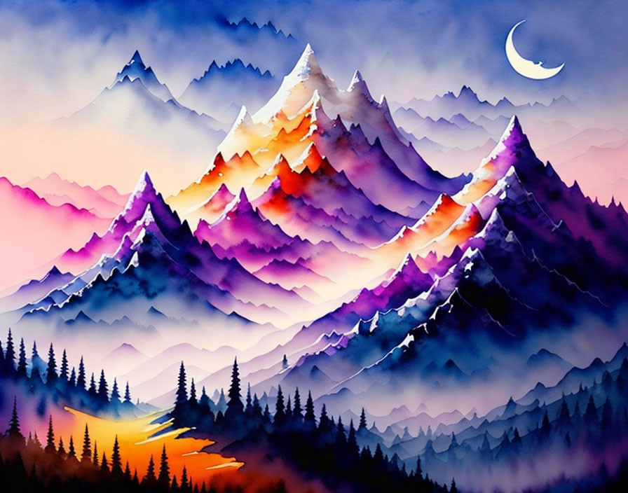 Mountain Ranges Watercolor Painting in Purple and Blue Tones