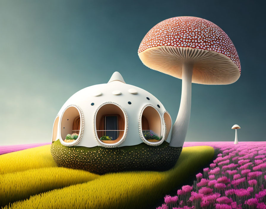 Whimsical mushroom-shaped house in vibrant landscape