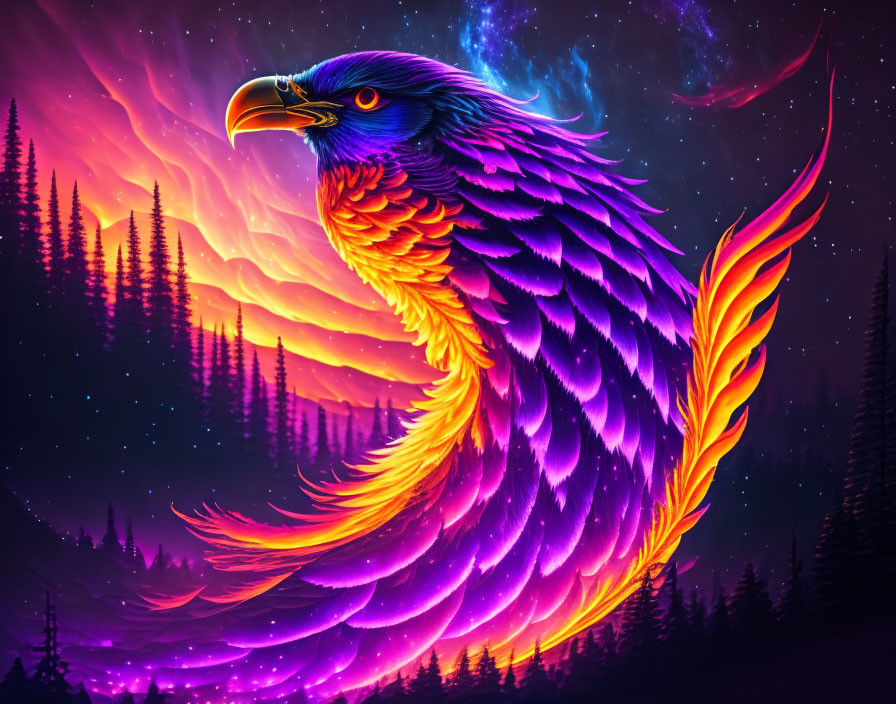 Colorful Phoenix Against Starry Sky and Nebula with Pine Trees