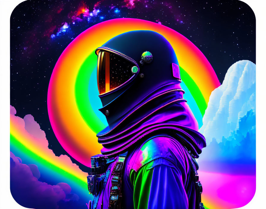 Colorful astronaut illustration with nebula and rainbow background