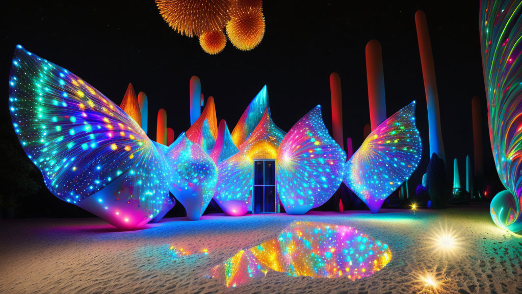 Colorful Butterfly Wings Art Installation Illuminated at Night