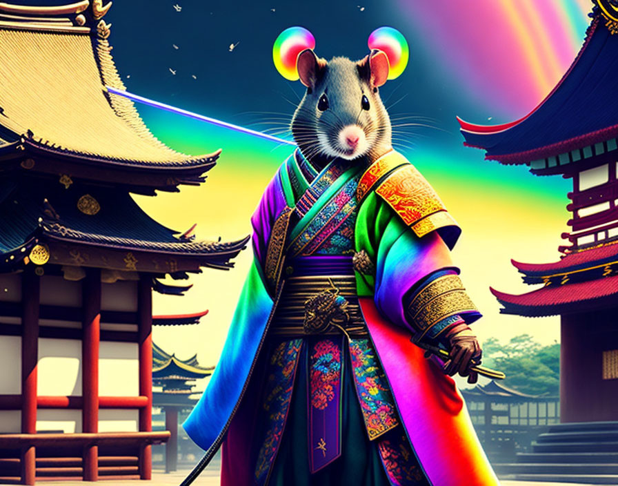 Anthropomorphic mouse in East Asian attire wields sword under rainbow with historical buildings.