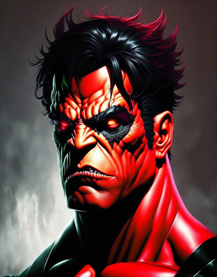 Male character with red and black facial markings and intense gaze.