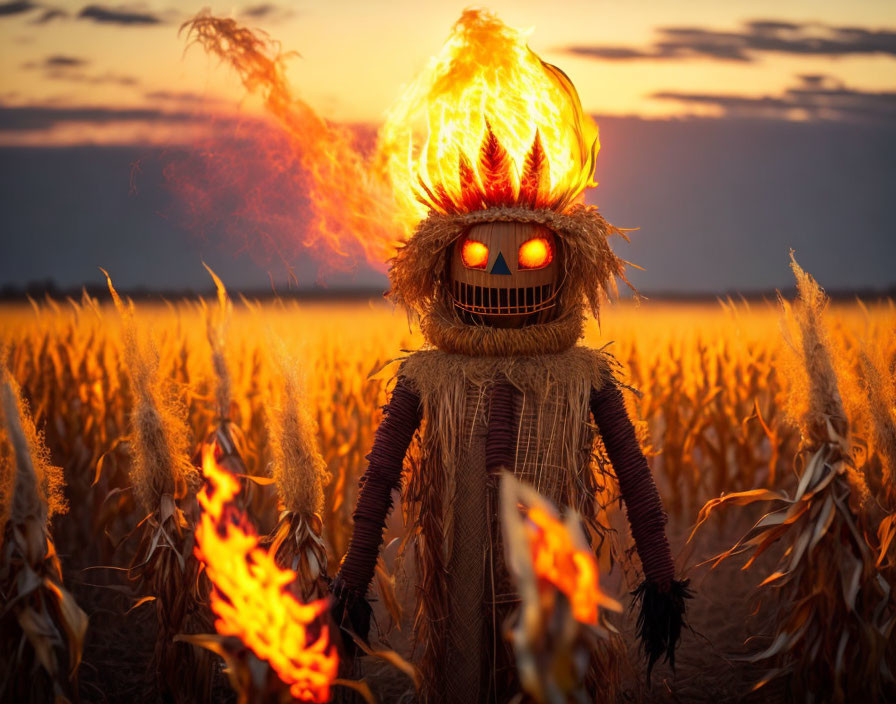 Scarecrow with flaming pumpkin head in cornfield at sunset