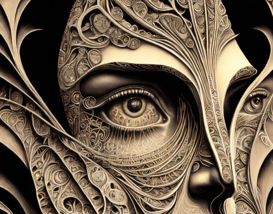 Abstract metallic artwork with detailed eye and ornate patterns