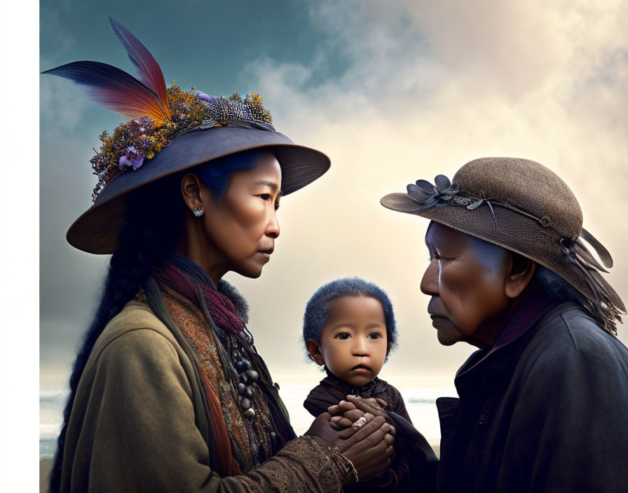 Two women in elegant hats with child against moody sky.