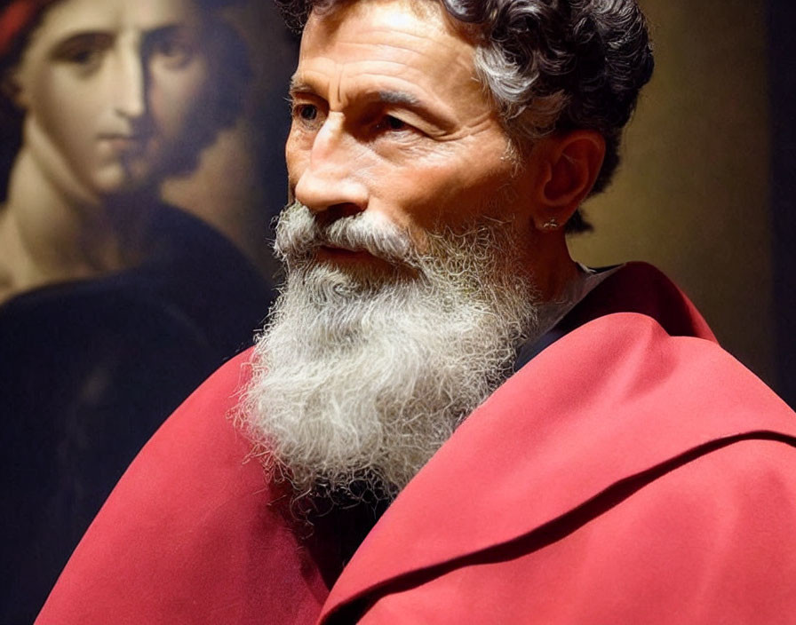 Gray-bearded Figure in Red Cloak with Classical Painting