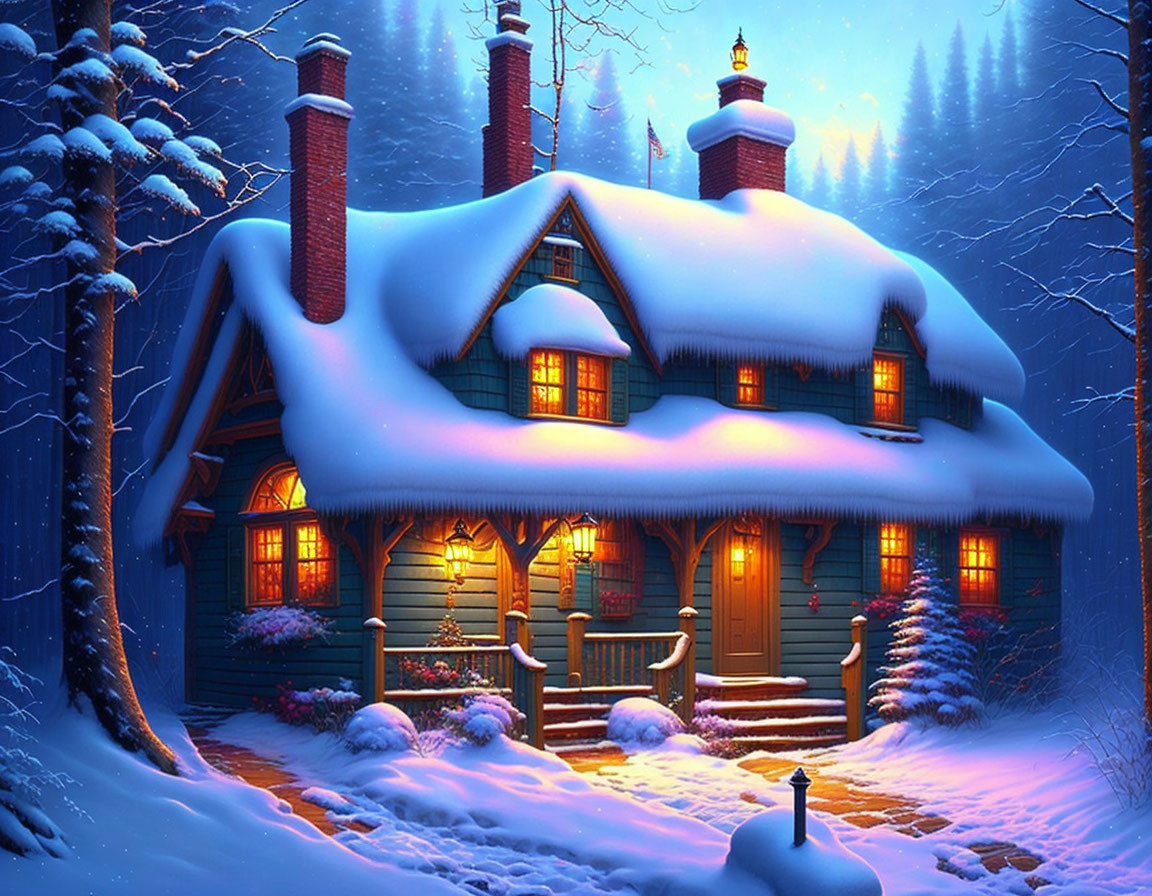 Snow-covered cottage with glowing windows and smoking chimneys under a tranquil blue sky