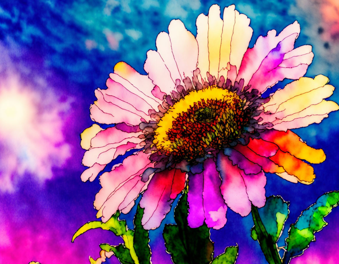 Colorful watercolor daisy on vibrant blue and purple backdrop