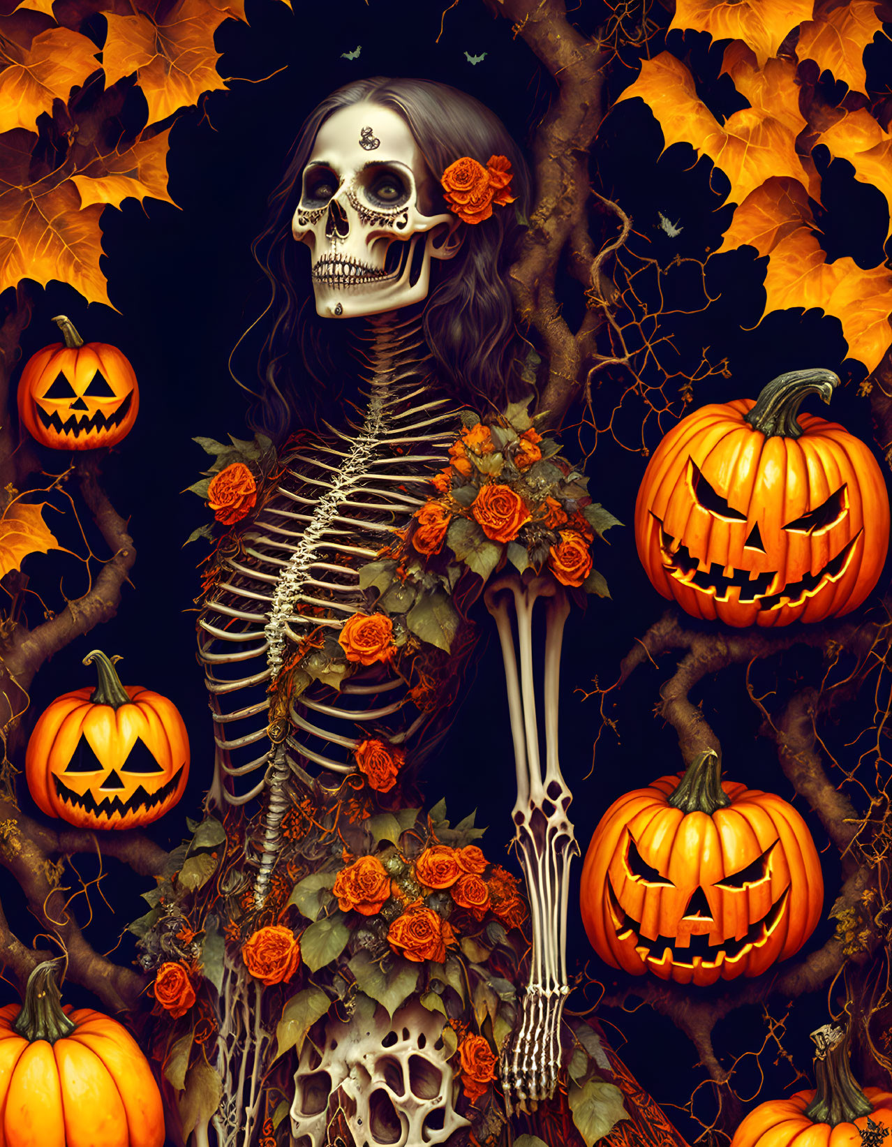 Skeleton with Orange Flowers Surrounded by Pumpkins and Autumn Leaves