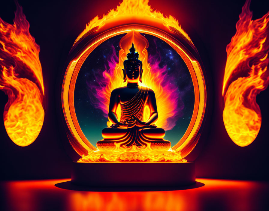 Buddha statue in meditation with glowing aura, cosmic backdrop, and vibrant flames