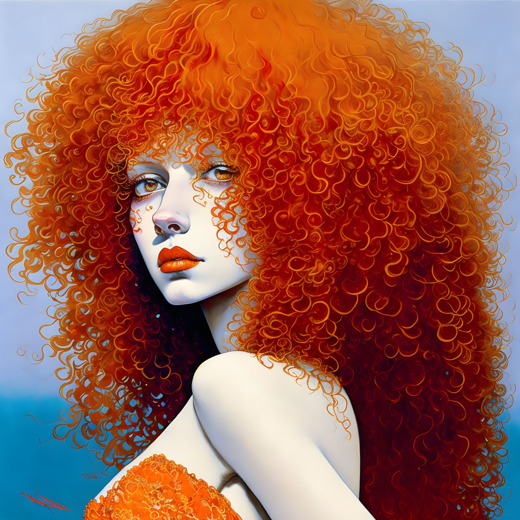 Portrait of a woman with red curly hair and blue eyes on blue background