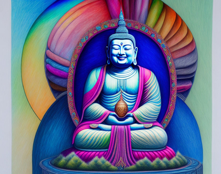 Seated Buddha illustration in colorful robes with intricate patterns