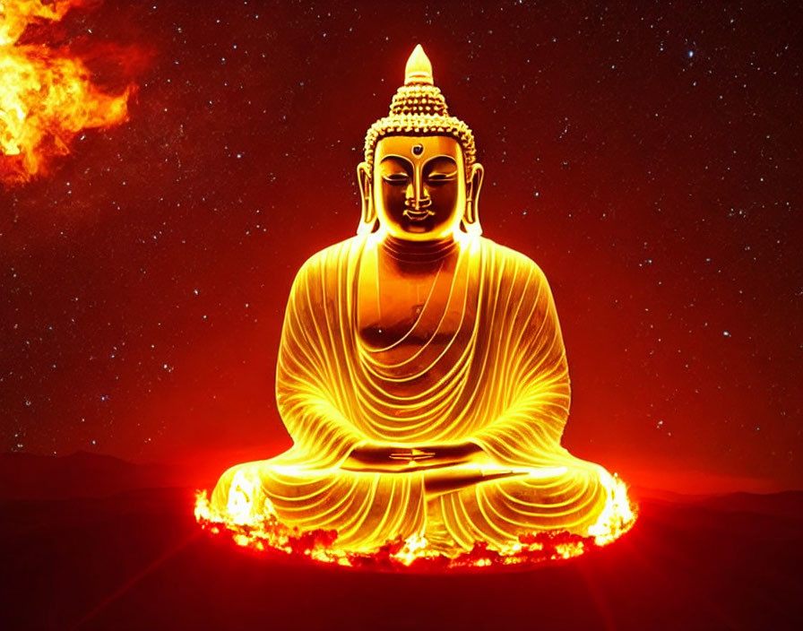 Golden Buddha Statue Against Red and Orange Cosmic Background