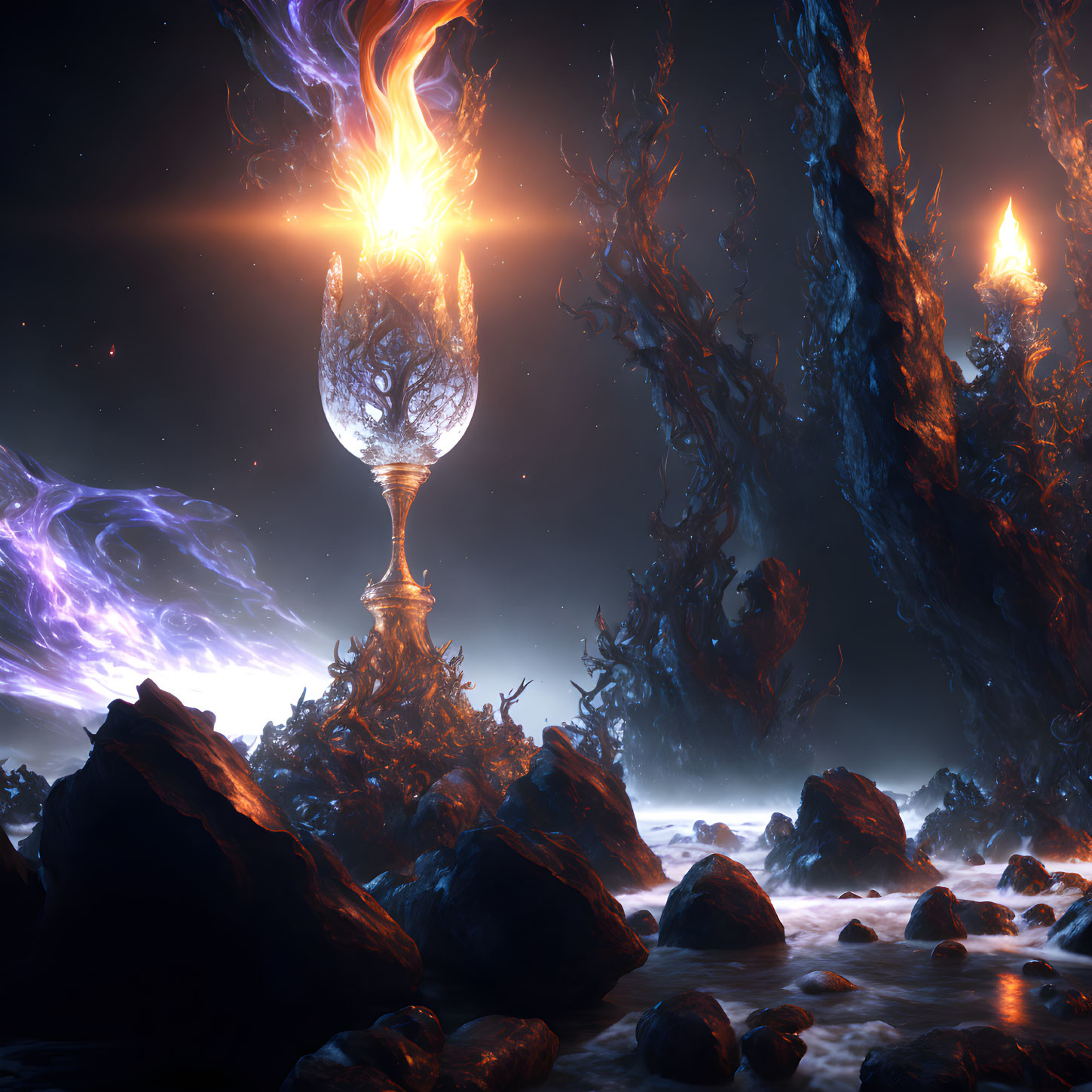 Mystical chalice emits fiery burst in surreal landscape