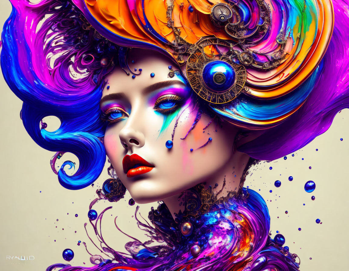 Colorful digital artwork: Woman with purple and orange hair and mechanical elements