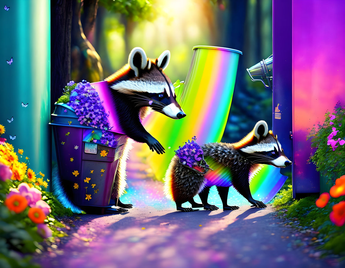 Colorful digital art: two raccoons, bokeh lights, flowers, bins on magical pathway