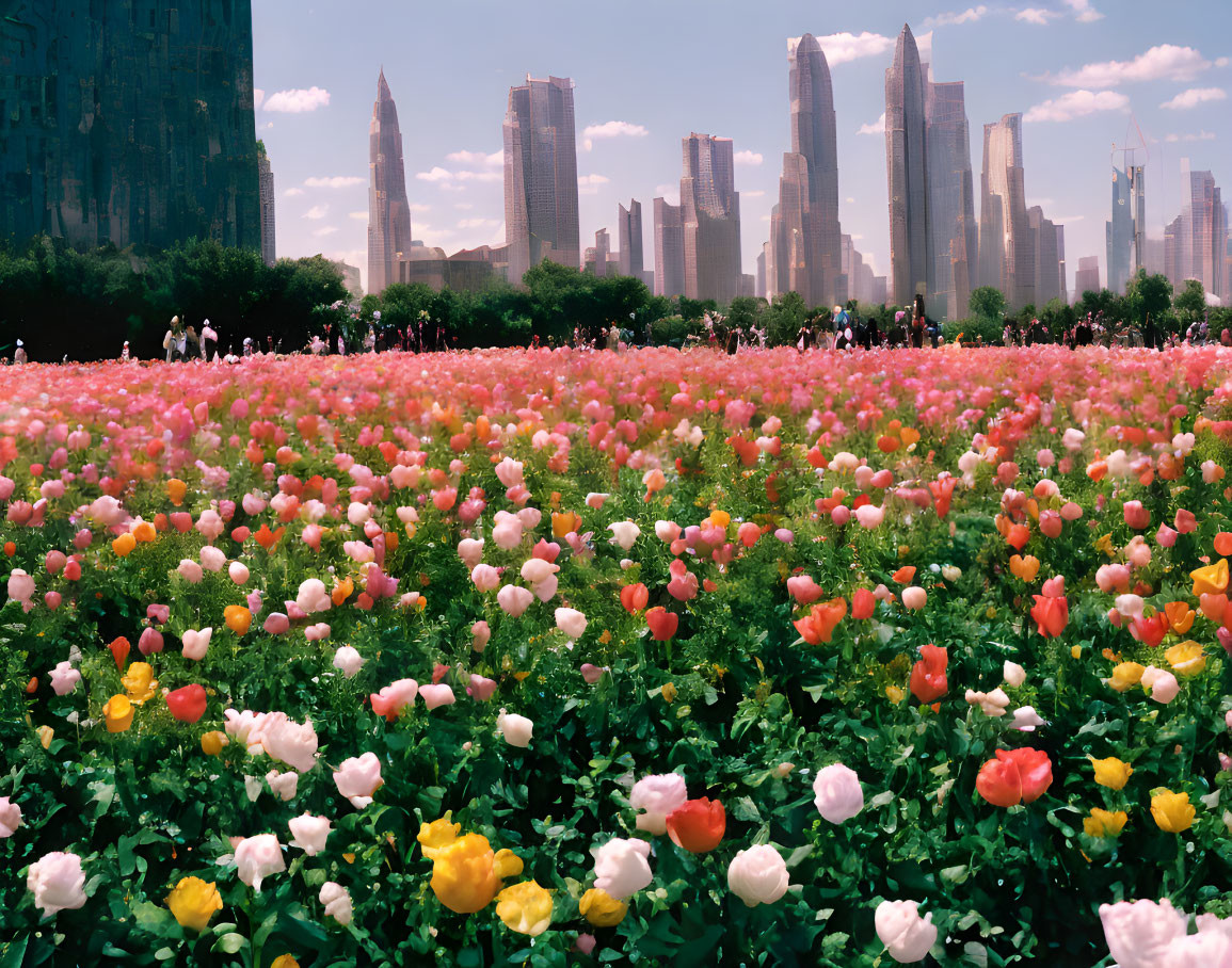 Multicolored tulip field with people and skyscrapers under blue sky