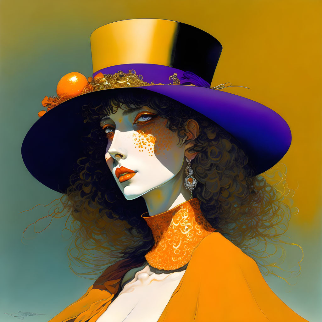 Stylized digital portrait of woman in top hat and purple attire