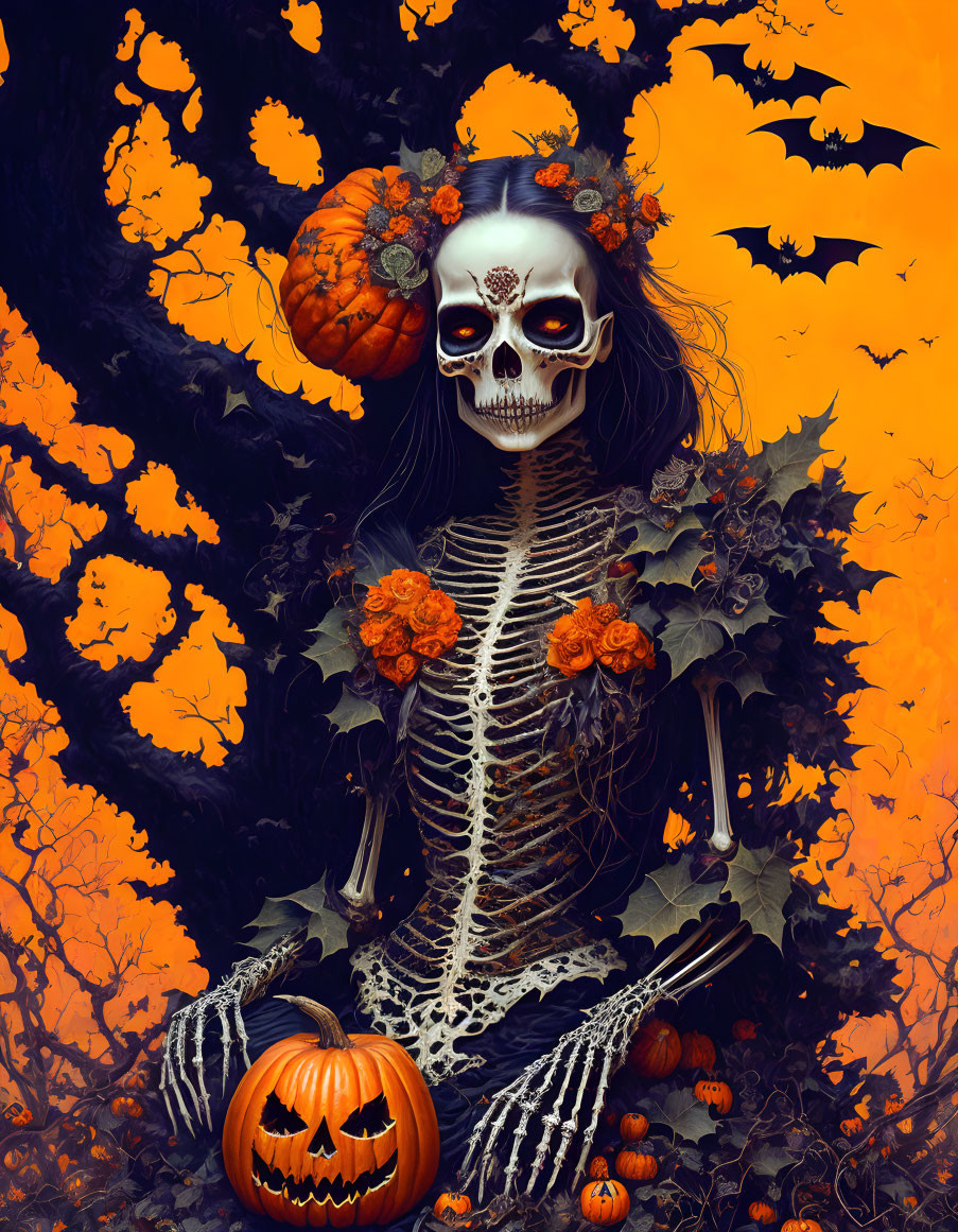 Skeleton Halloween Scene with Pumpkin Head and Orange Leaves