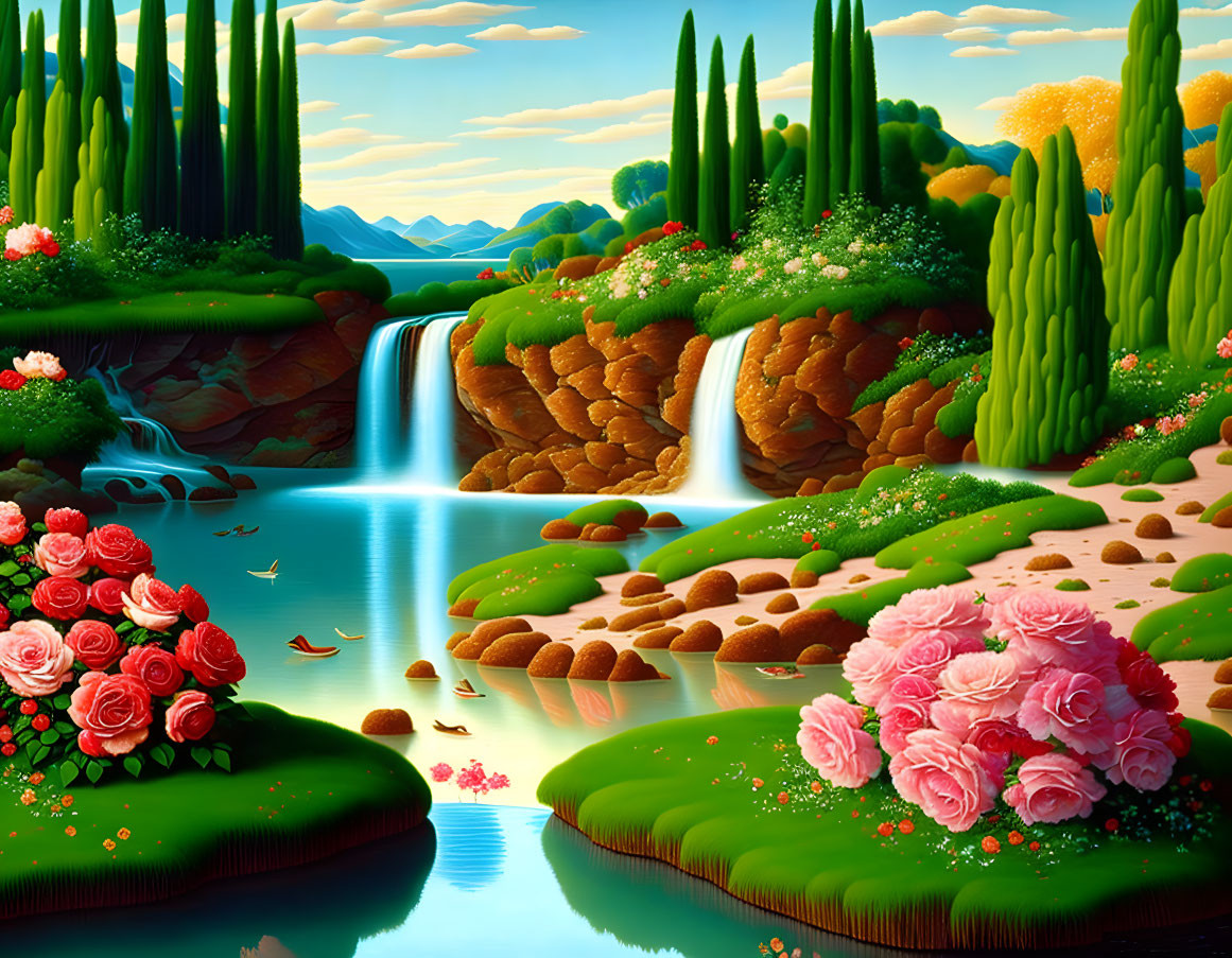 Tranquil landscape with greenery, waterfalls, flowers, and river