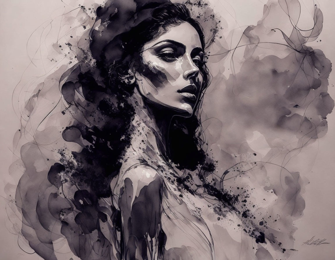 Monochromatic artwork of a mysterious woman with abstract ink blot elements