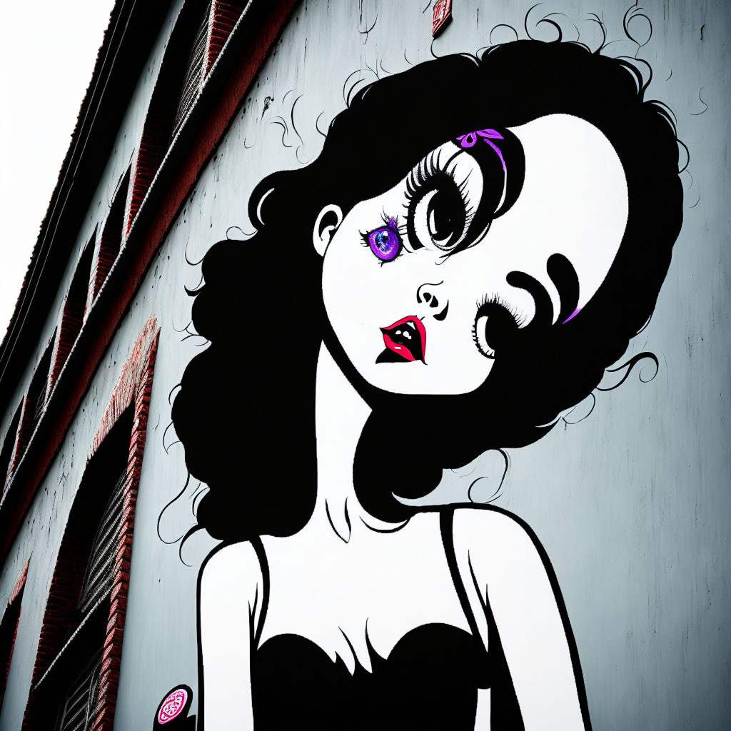 Stylized girl with large eyes and purple eyeshadow in dark dress against urban backdrop