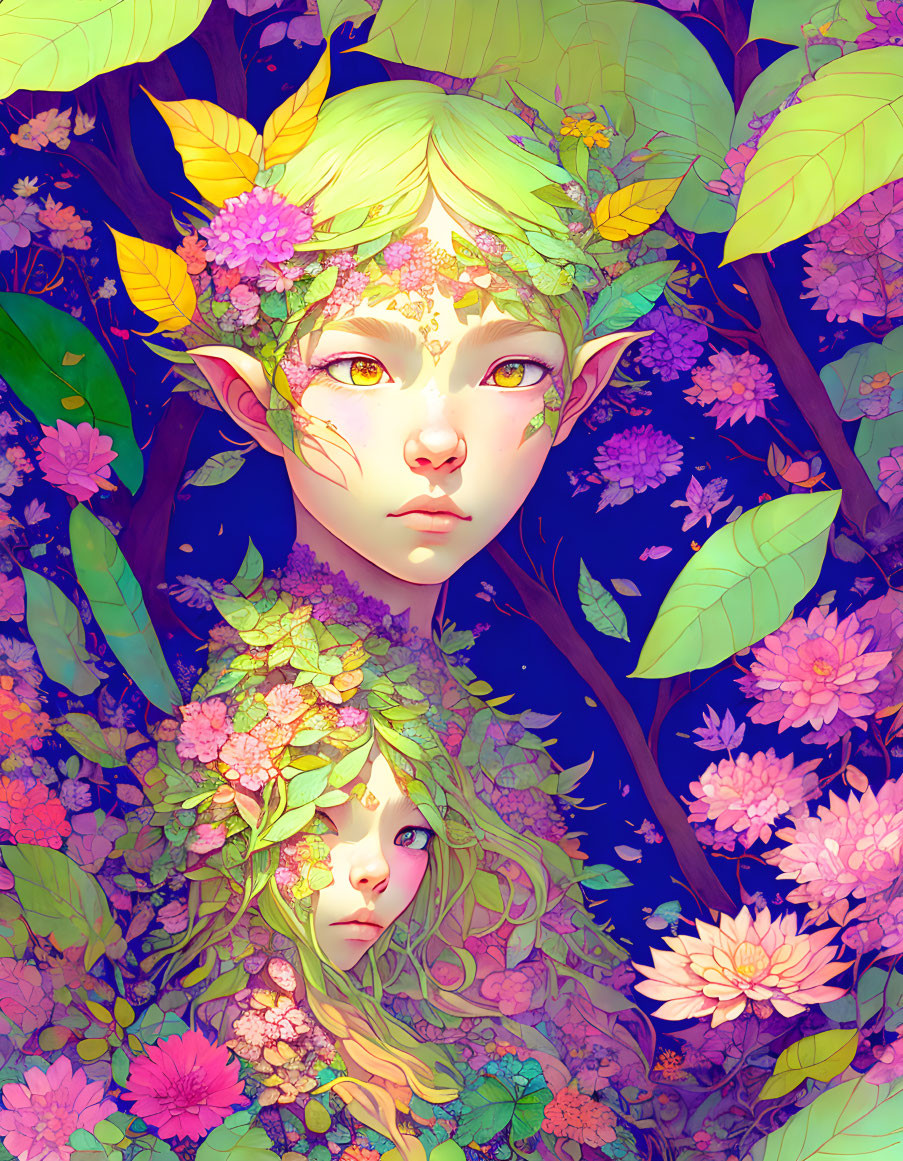 Ethereal beings with pointed ears in vibrant floral setting