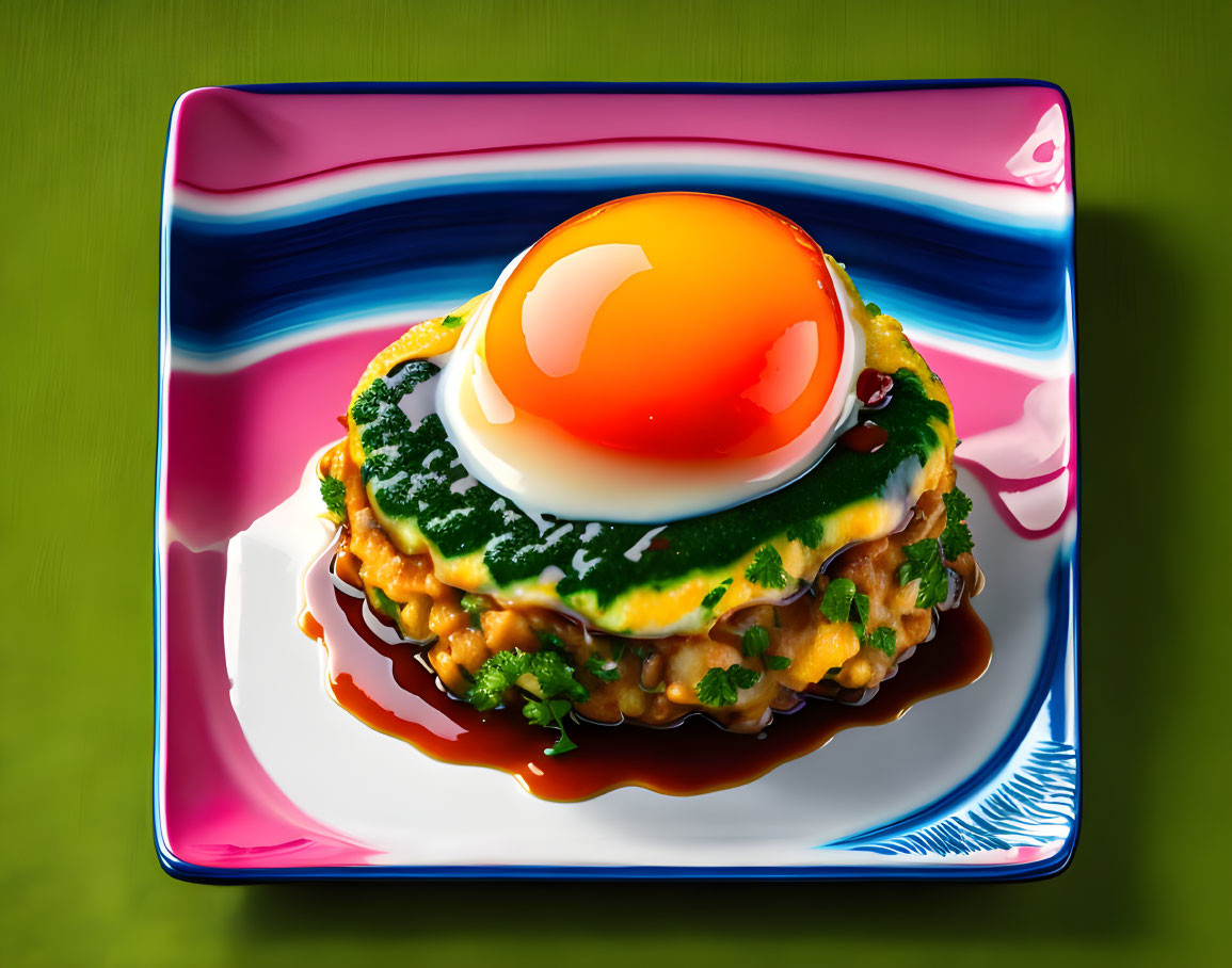 Colorful Plate with Layered Dish: Sunny Side Up Egg, Green Sauce, Grainy Base