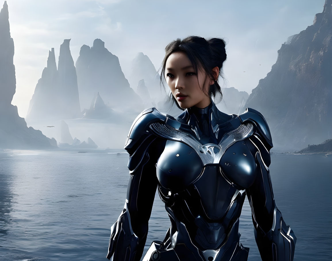 Asian Woman in Futuristic Blue Armor Suit Amid Misty Mountains