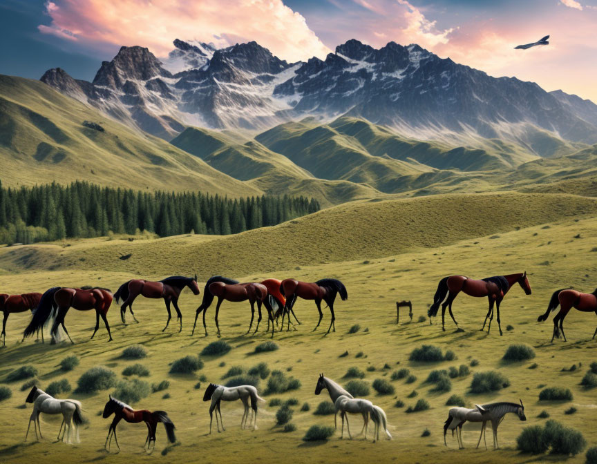 Herd of horses grazing in green plain with snow-capped mountains and bird in hazy sky