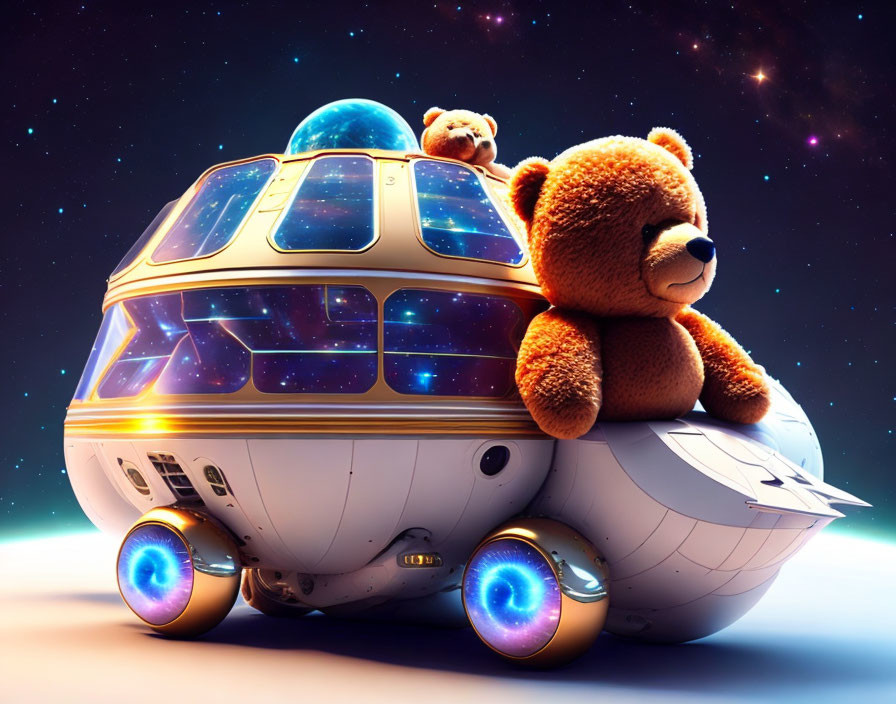 Plush Teddy Bear and Small Bear on Spaceship in Starry Space