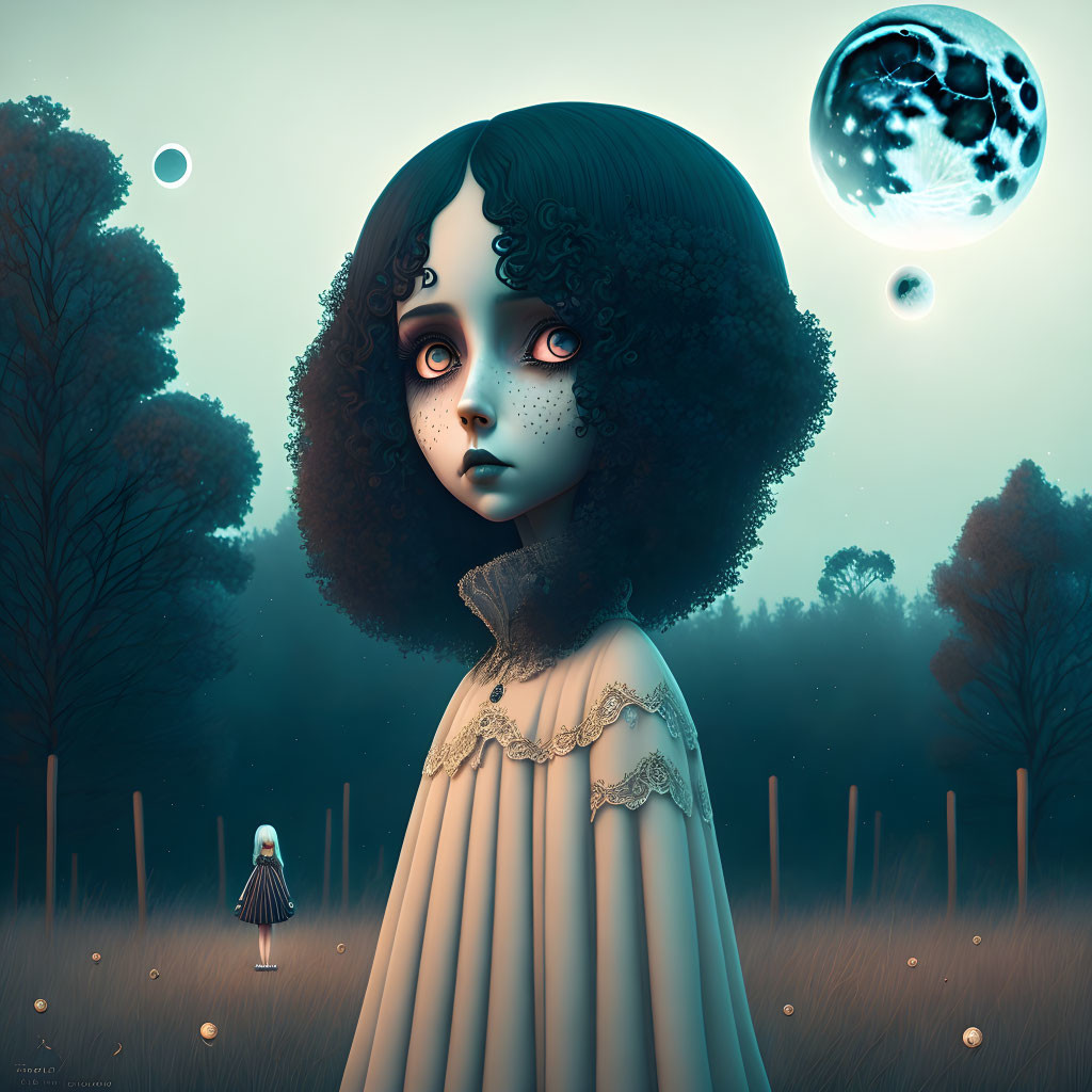 Surreal artwork featuring large-eyed girl in forest with moon, bubbles, and glowing plants