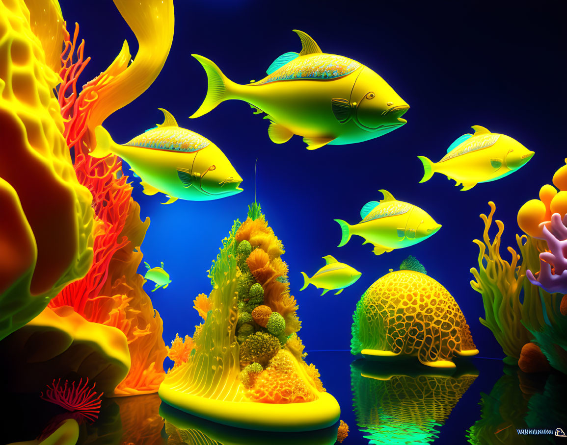 Colorful Digital Art: Stylized Underwater Scene with Neon Fish & Coral Reef