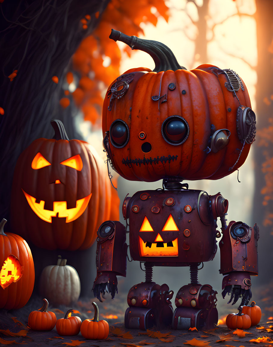 Whimsical Halloween-themed robot with pumpkin head and carved pumpkins