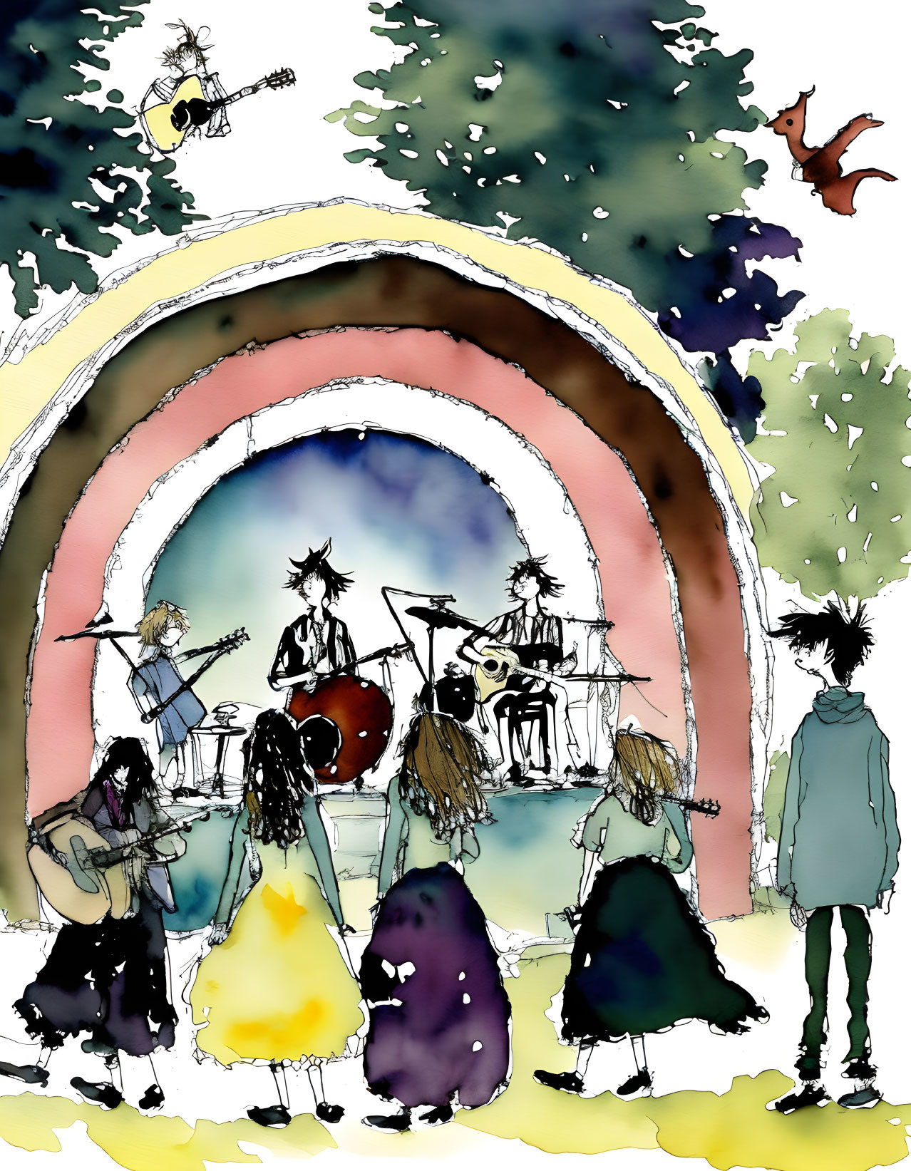 Band performing in archway with audience and playful cat in whimsical watercolor