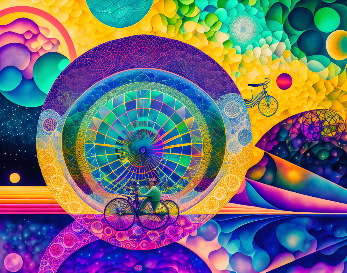 Colorful Psychedelic Digital Art with Mandala Designs & Bicyclist