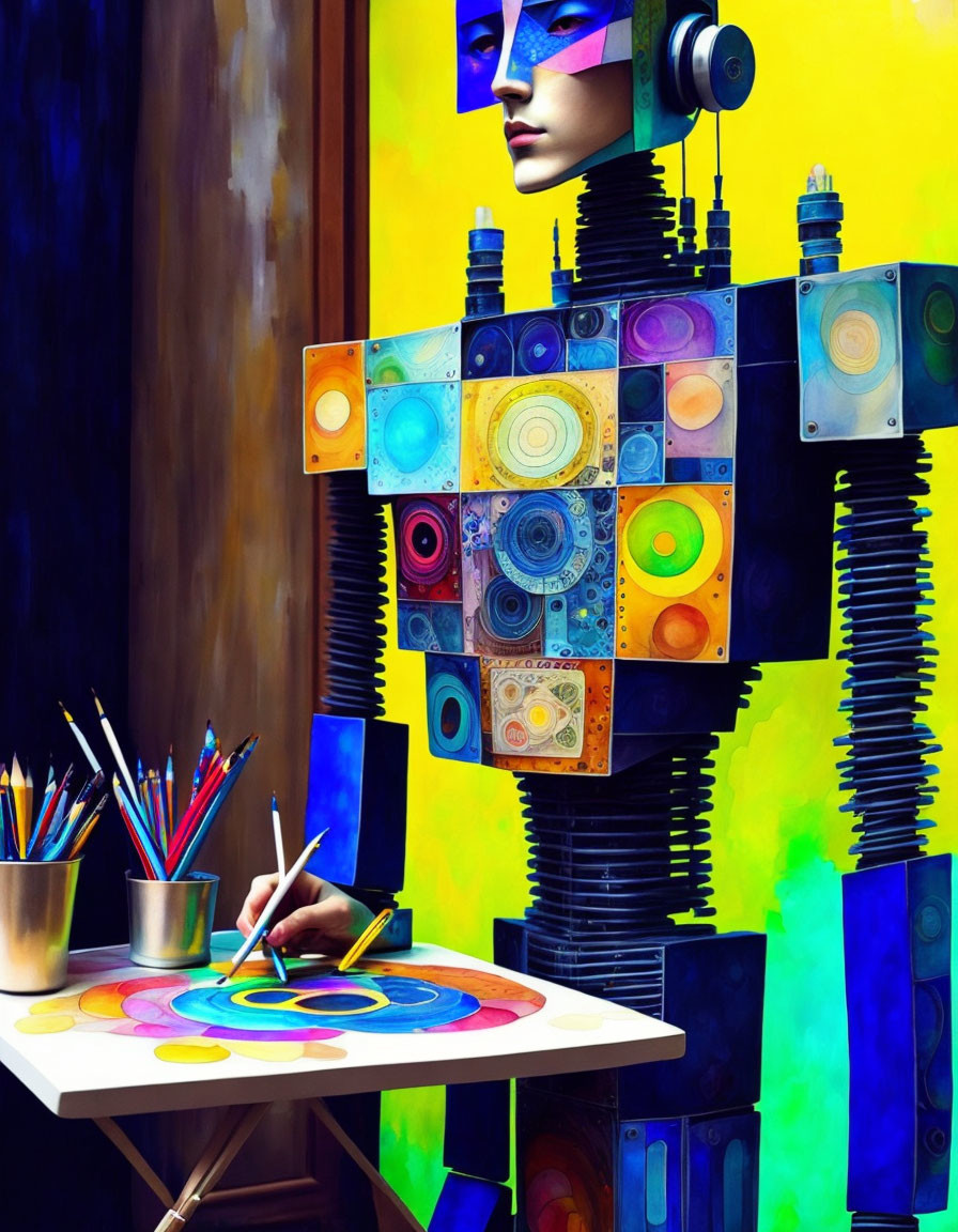 Vibrant robot-themed artwork on canvas with colorful supplies on yellow and blue backdrop