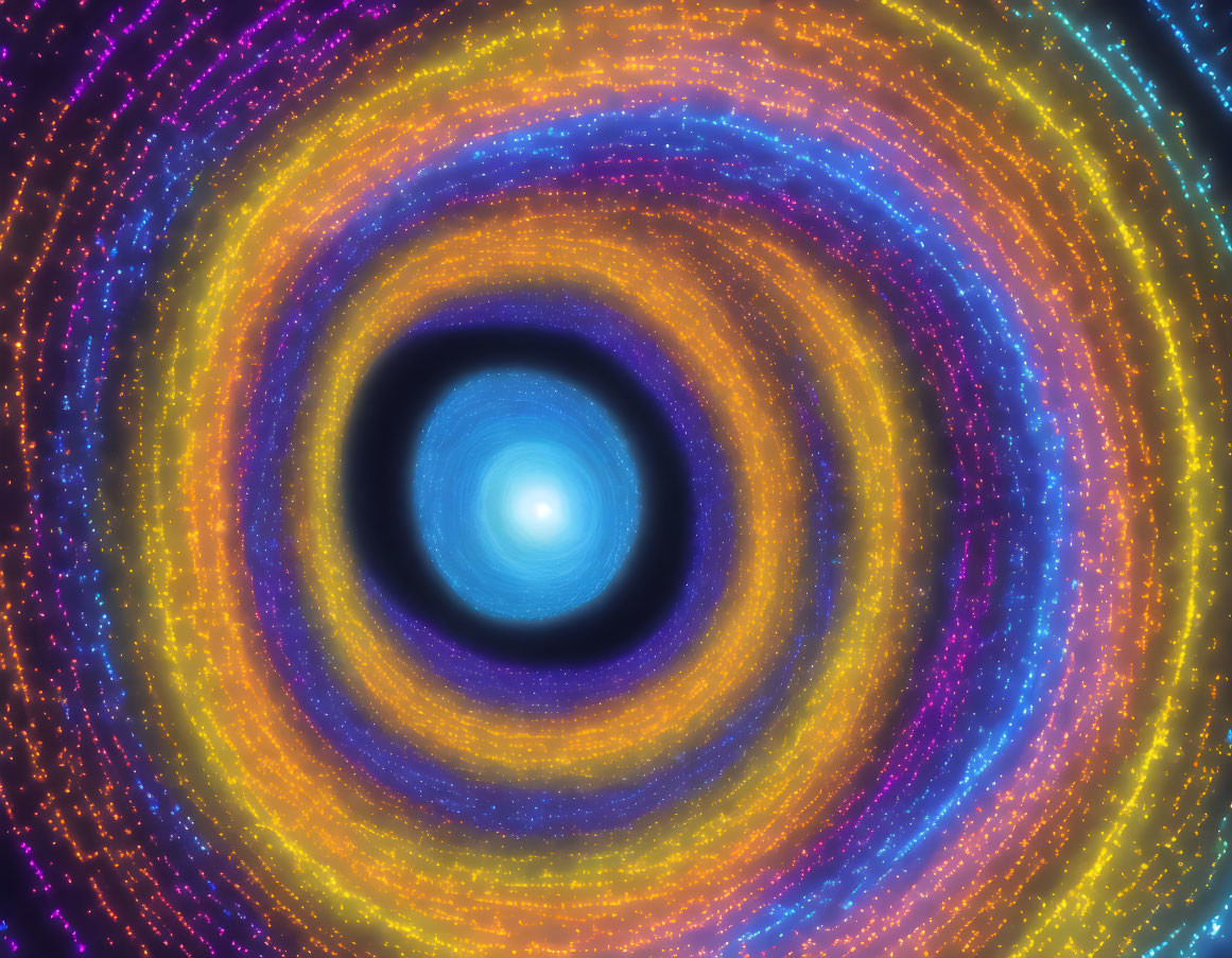 Vibrant digital artwork of circular patterns with glowing center reminiscent of abstract galaxy.